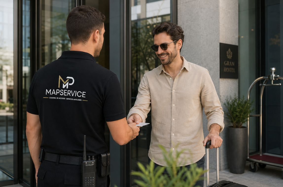 Personal de Mapservice atendiendo a un cliente en la entrada de un hotel